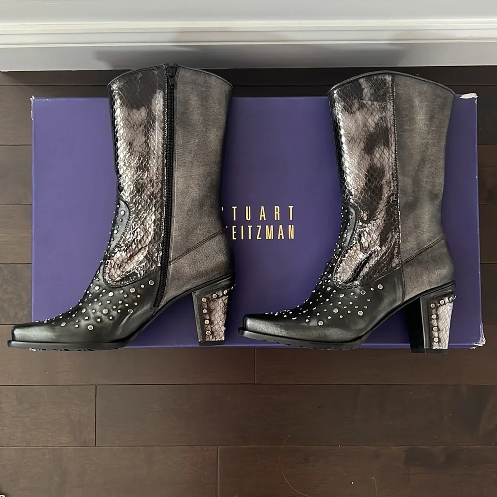 NIB Stuart Weitzman “Hillbilly” pewter metallic croc Leather studded Cowboy Boot - Picture 2 of 16